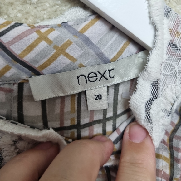 Next Chiffon Top 20 Check Lace Detail Beige High Neck Semi Sheer - Picture 3 of 7